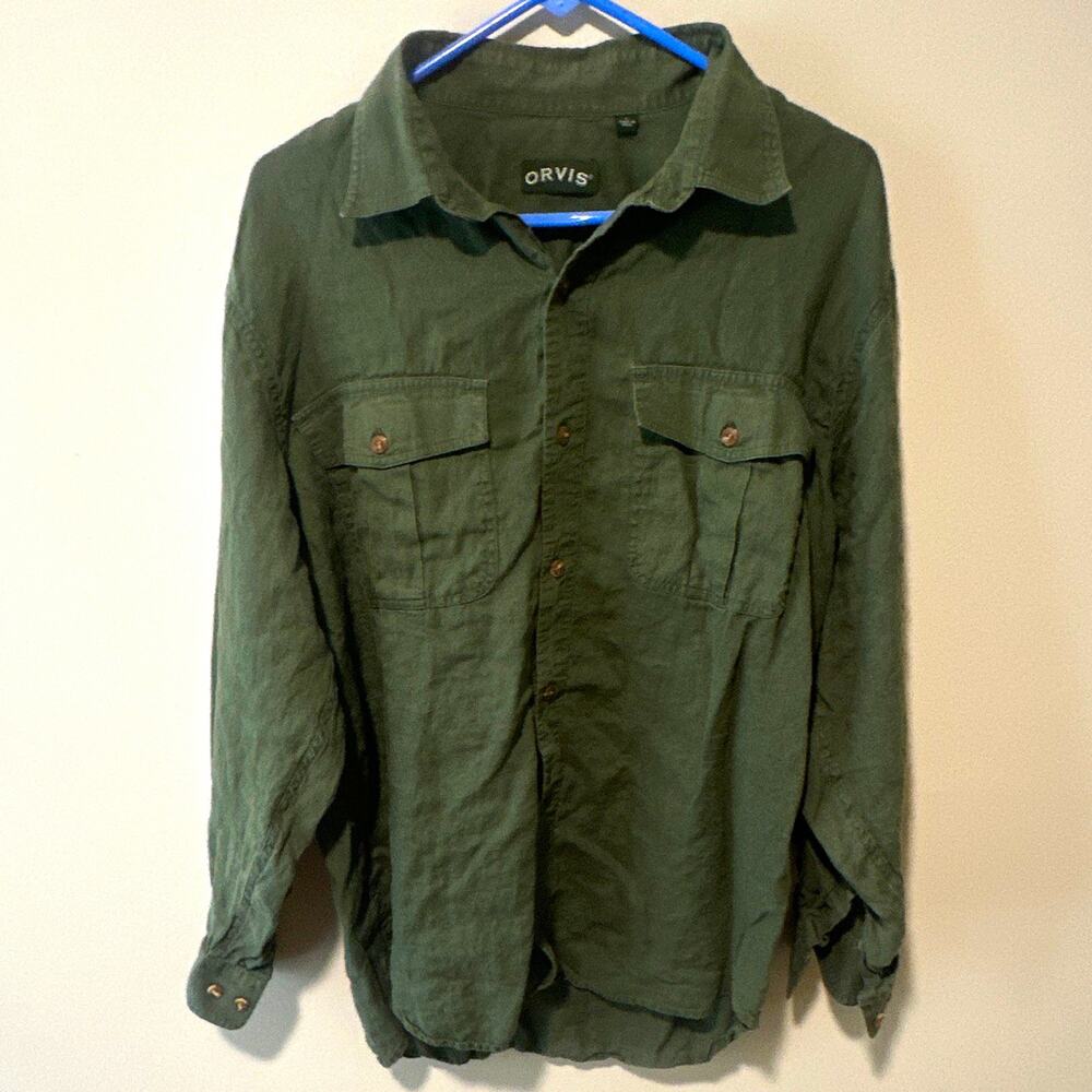 Orvis Men’s M Green Solid Linen Woven Button-Up Shirt Long Sleeve Pockets